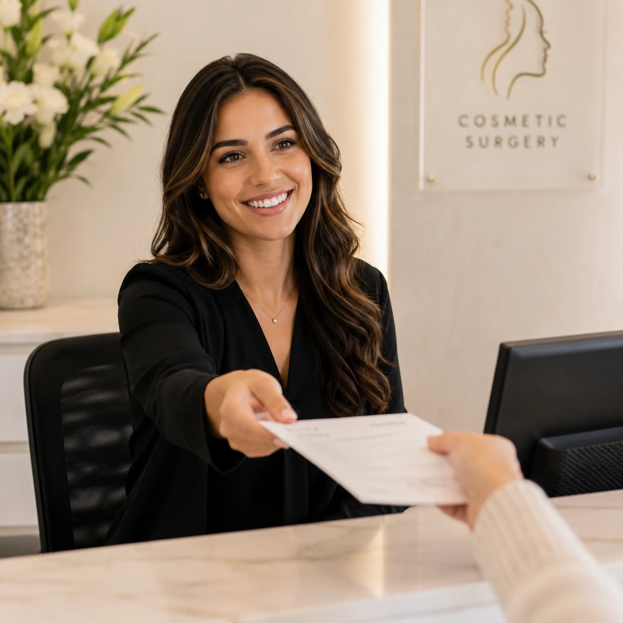 Receptionist handing paperwork to patient at cosmetic surgery clinic