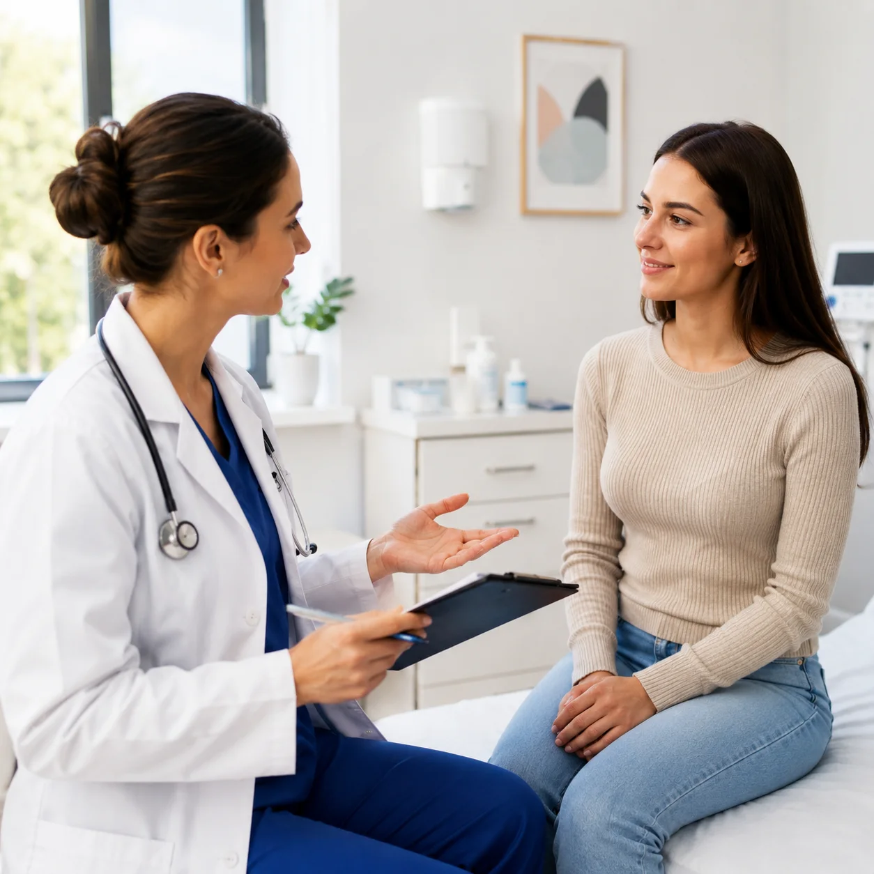 Plastic surgeon consulting with patient in clinic consultation room